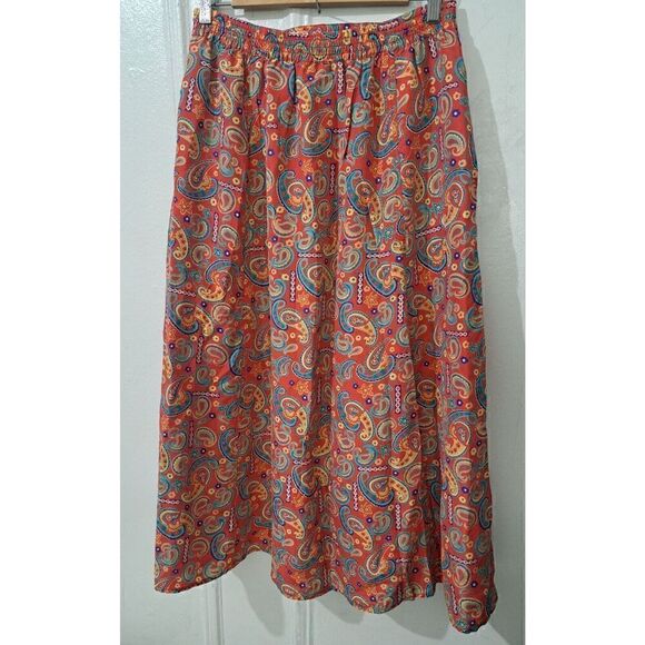 Vintage Silk Spirit Womens Medium 100% Silk  Paisley Maxi Skirt Pockets Orange - Picture 9 of 9